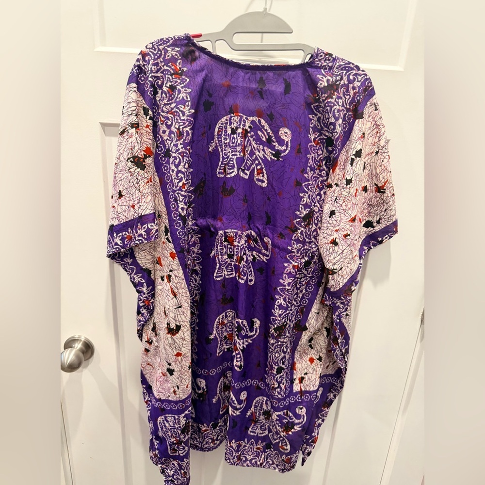 Purple Boho Tunic Dress OSFM Elephant Print Drawstring Waist - Picture 4 of 7